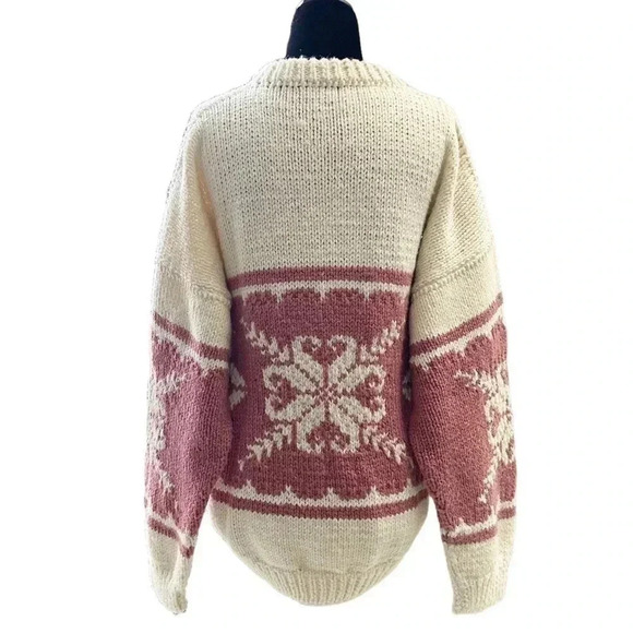 Hand Knit Fair Isle Sweater Chunky Oversized Crewneck Pullover Cream Pink Medium - Picture 2 of 16
